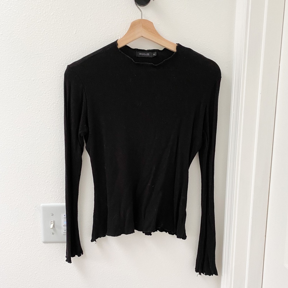 Roolee Lettuce Hem Wafdle Knit Top in Black